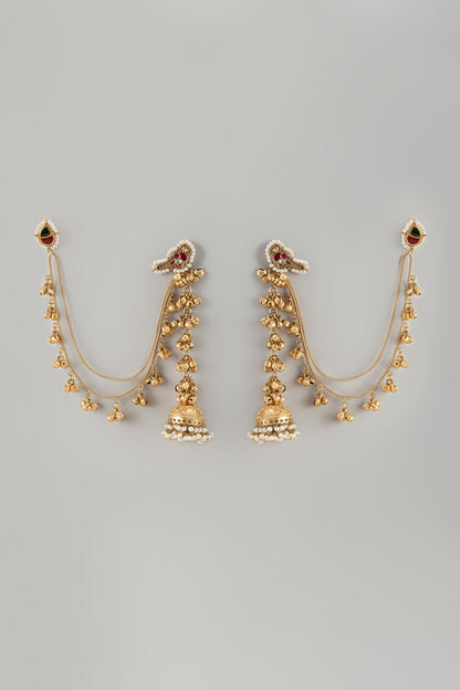 Gold Finish Temple Dangler Earrings With Kaan Chain