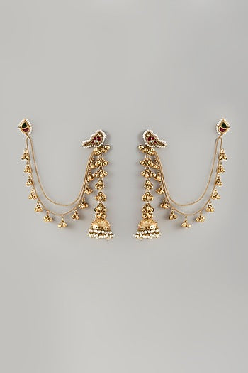 Gold Finish Temple Dangler Earrings With Kaan Chain