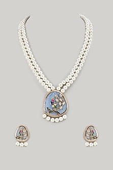 Gold Finish Pearl Sky Blue Pendant Mala Set