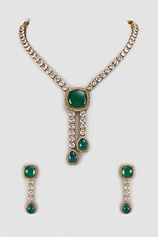 Gold Finish Kundan Polki & Green Stone Long Necklace Set