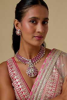 Gold Finish Kundan Polki & Red Stone Long Necklace Set