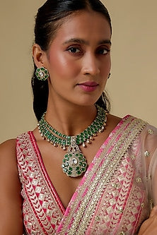 Gold Finish Kundan Polki & Green Stone Long Necklace Set