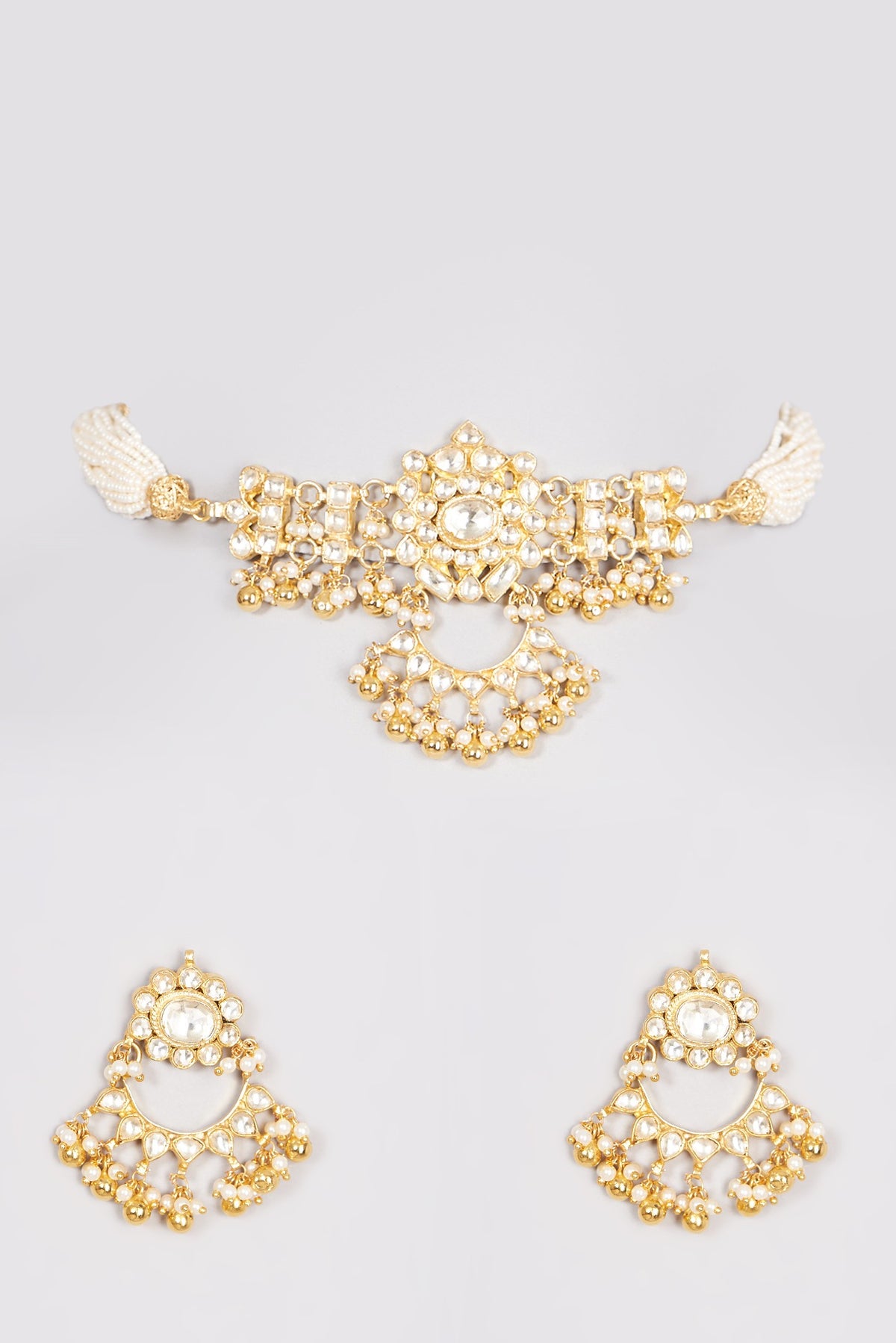 Gold Finish Choker Necklace Set With Moti