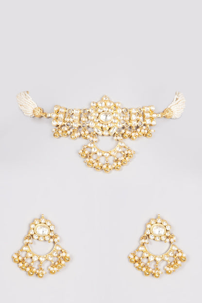 Gold Finish Choker Necklace Set With Moti