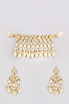 Gold Finish Choker Necklace Set With Kundan Polki