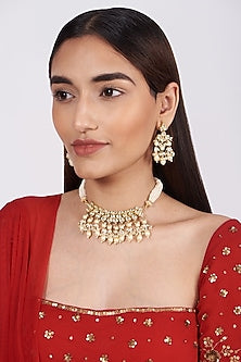 Gold Finish Choker Necklace Set With Kundan Polki