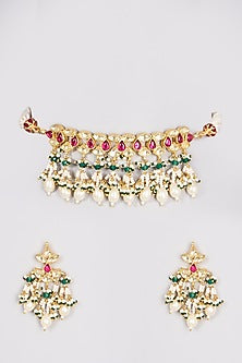 Gold Finish Red Kundan Polki Necklace Set
