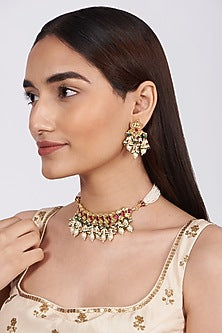 Gold Finish Red Kundan Polki Necklace Set