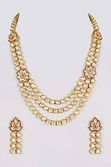 Gold Finish Long Necklace Set With Kundan Polki