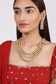 Gold Finish Long Necklace Set With Kundan Polki