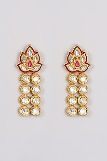 Gold Finish Long Necklace Set With Kundan Polki