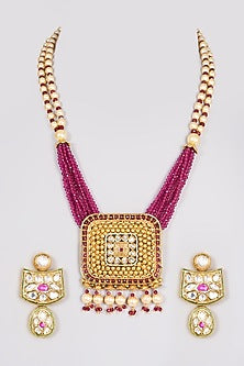 Gold Finish Pearls & Kundan Polki Long Necklace Set