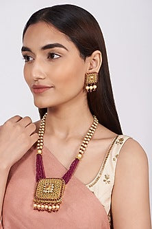 Gold Finish Pearls & Kundan Polki Long Necklace Set