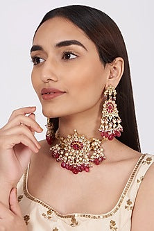 Gold Finish Choker Necklace Set With Kundan Polki