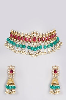 Gold Finish Kundan Polki Necklace Set