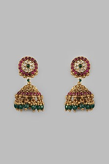 Gold Finish Jhumka Earrings In Sterling Silver