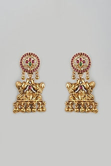 Gold Finish Jhumka Earrings In Sterling Silver With Semi-Precious Stones