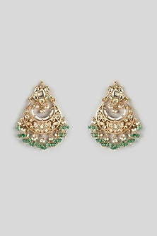 Gold Finish Kundan Polki & Green Drop Chandbali Earrings
