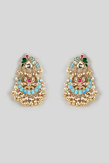 Gold Finish Kundan Polki & Blue Stone Chandbali Earrings