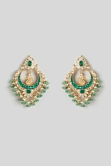 Gold Finish Kundan Polki & Green Stone Chandbali Earrings