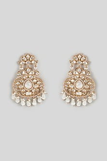 Gold Finish Kundan Polki & Grey Drop Earrings