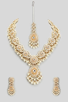 Gold Finish Kundan Polki & Pearl Drop Long Necklace Set