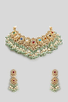 Gold Finish Kundan Polki & Navratna Stone Choker Necklace Set