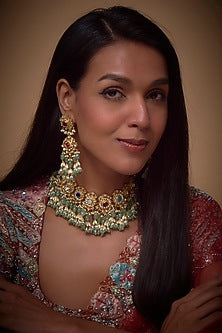 Gold Finish Kundan Polki & Navratna Stone Choker Necklace Set
