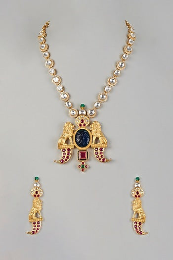 Gold Finish Kundan Polki Long Necklace Set