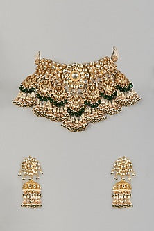 Gold Finish Kundan Polki & Green Drops Necklace Set