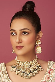 Gold Finish Kundan Polki & Green Drops Necklace Set