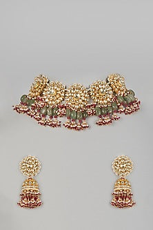 Gold Finish Choker Necklace Set With Kundan Polki