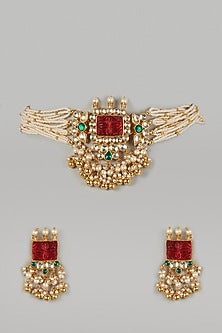 Gold Finish Choker Necklace Set With Kundan Polki & Red Stones