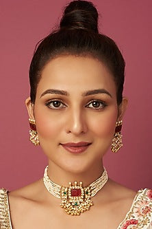 Gold Finish Choker Necklace Set With Kundan Polki & Red Stones