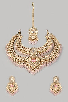 Gold Finish Long Necklace With Kundan Polki & Pink Drops