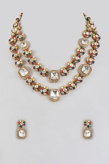 Gold Finish Kundan Polki & Navratna Stone Long Necklace Set