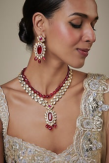 Two Tone Finish Kundan Polki & Red Stone Long Necklace Set