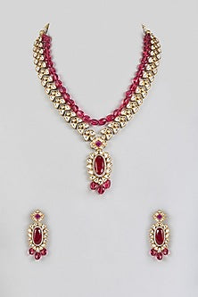 Two Tone Finish Kundan Polki & Red Stone Long Necklace Set