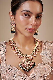 Gold Finish Kundan Polki Long Necklace Set