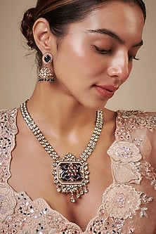 Gold Finish Kundan Polki & Blue Stone Long Necklace Set