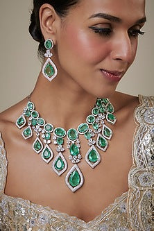 White Finish Zircon & Green Stone Long Necklace Set