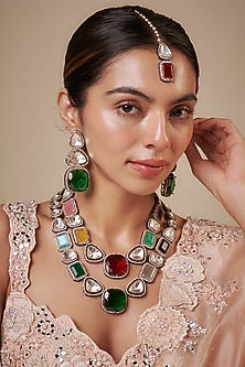 Black Rhodium Finish Kundan Polki & Multi-Colored Stone Long Necklace Set