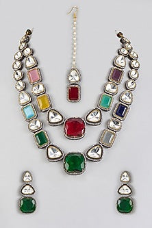 Black Rhodium Finish Kundan Polki & Multi-Colored Stone Long Necklace Set