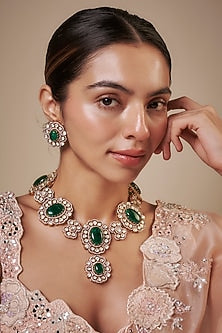 Gold Finish Kundan Polki & Green Stone Long Necklace Set