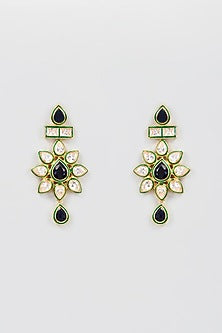 Gold Finish Kundan Polki & Blue Stone Dangler Earrings