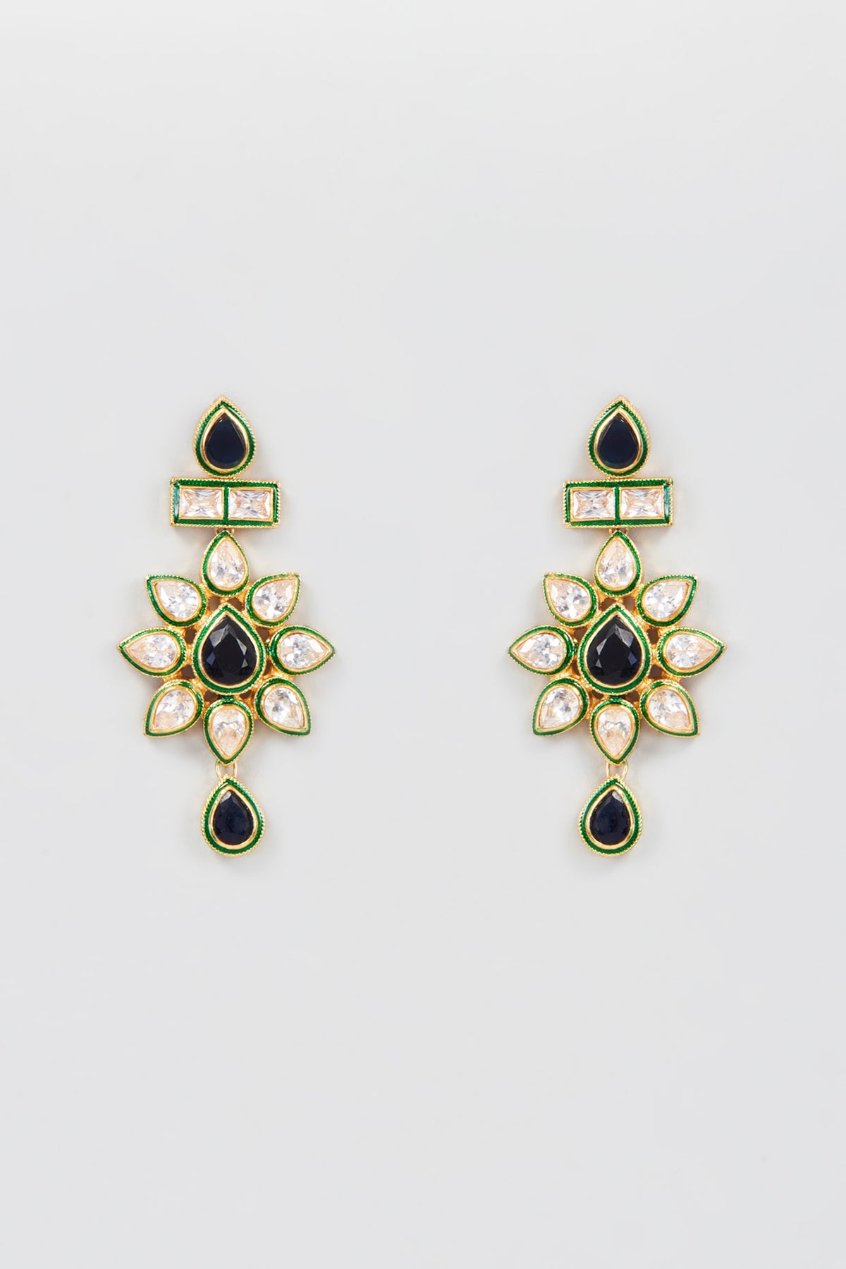 Gold Finish Kundan Polki & Blue Stone Dangler Earrings