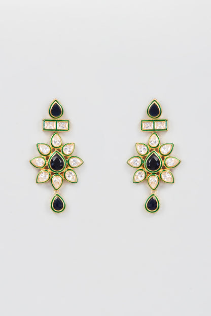 Gold Finish Kundan Polki & Blue Stone Dangler Earrings
