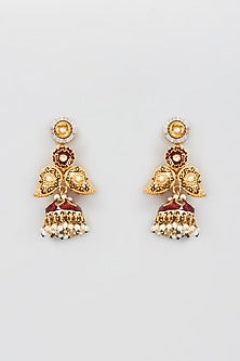 Gold Finish Red & Green Stone Jhumka Earrings
