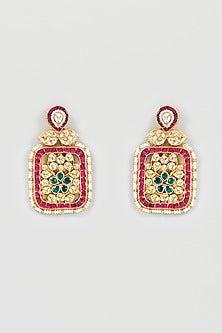 Gold Finish Red & Green Stone Dangler Earrings