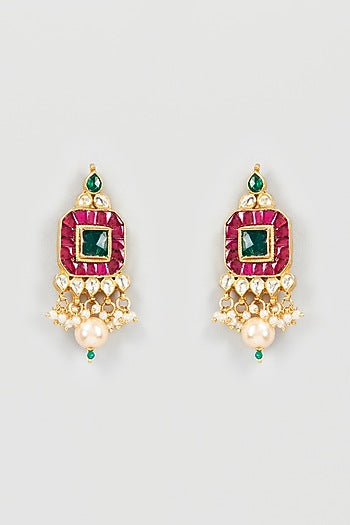 Gold Finish Red & Green Stone Dangler Earrings